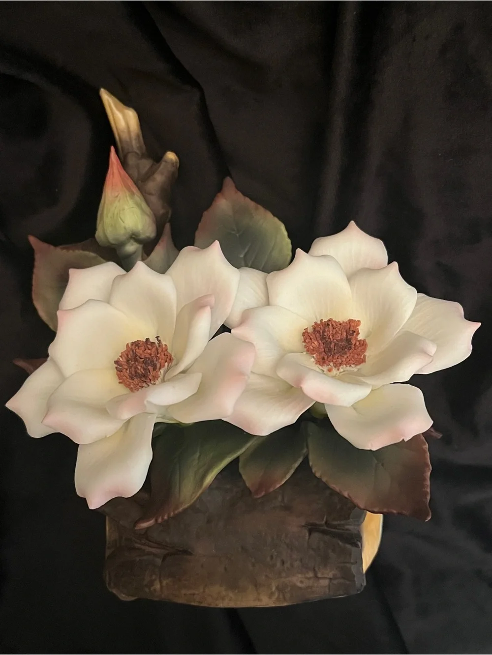 Vintage Porcelain Magnolia Flower Music Box Tree Stump Floral Figurine
